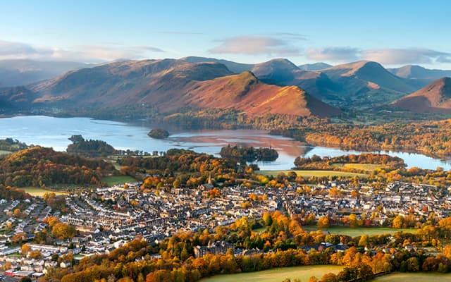 North west England town with mountains in the background