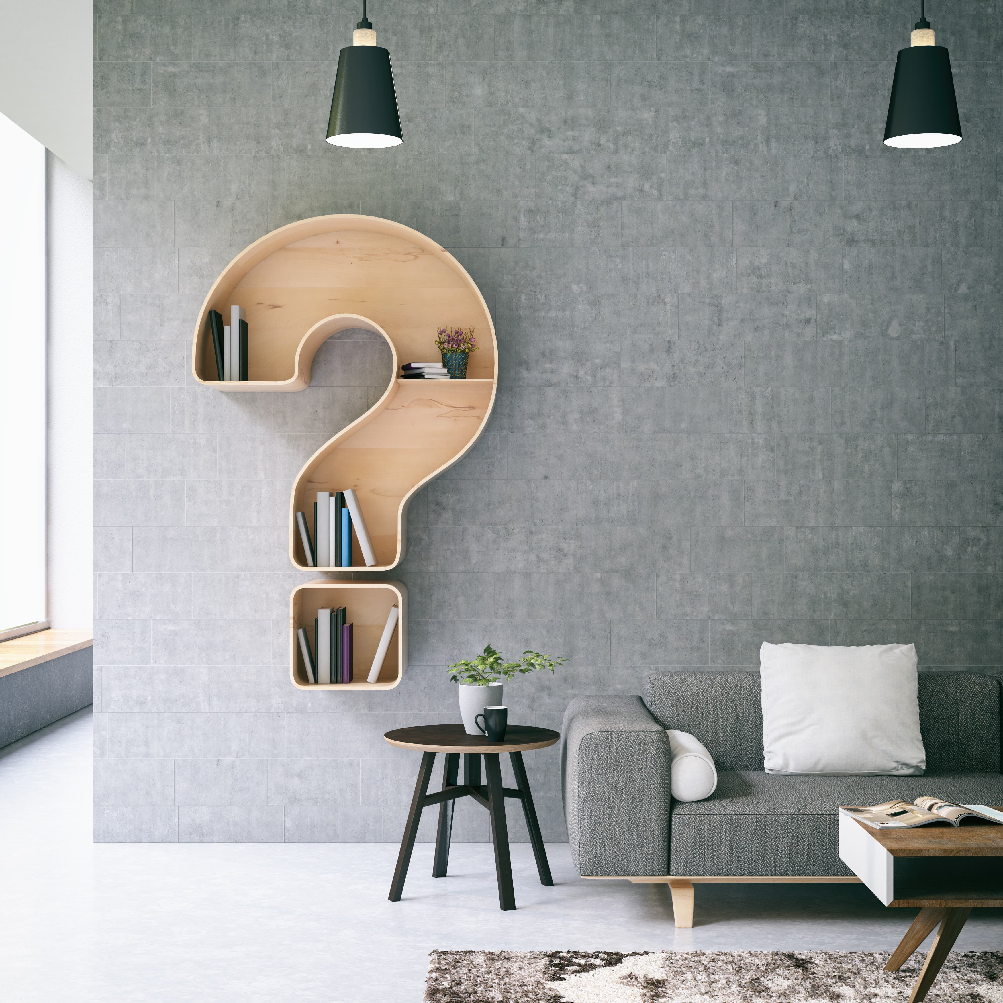 Grey Living Room, Bookshelf, Grey Sofa, Coffee Table